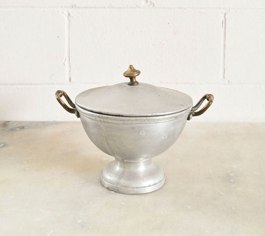 vintage French aluminum and brass soup tureen with lid