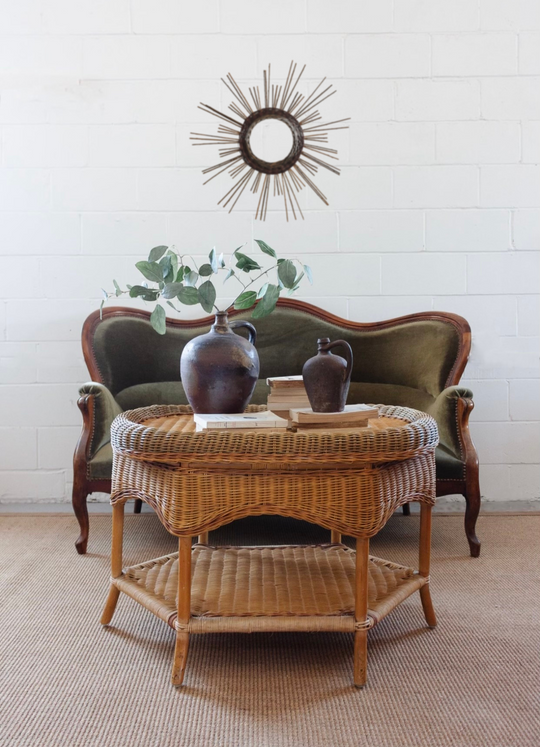 vintage french rattan and bamboo coffee table