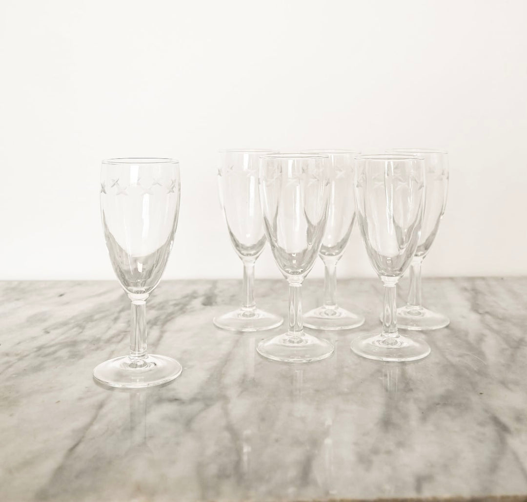 vintage etched French wine glasses, set of six