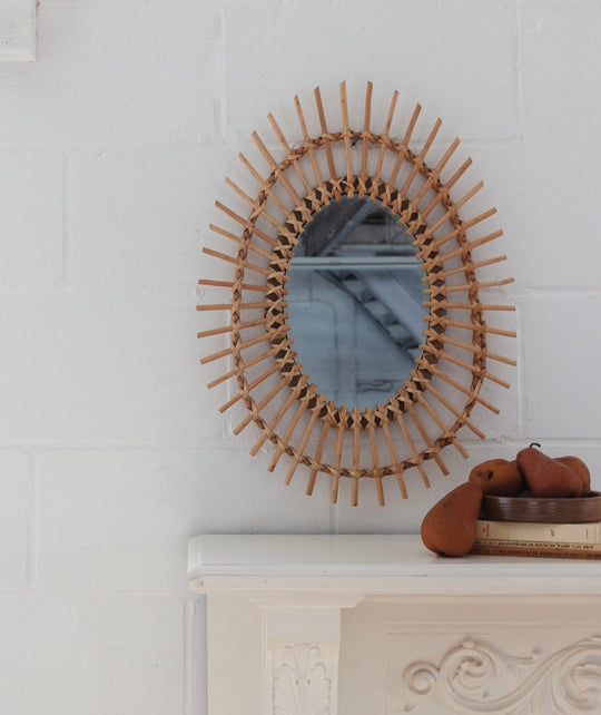 vintage French sunburst rattan mirror