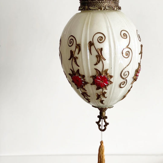 vintage MCM hanging swag lamp, milk glass & roses