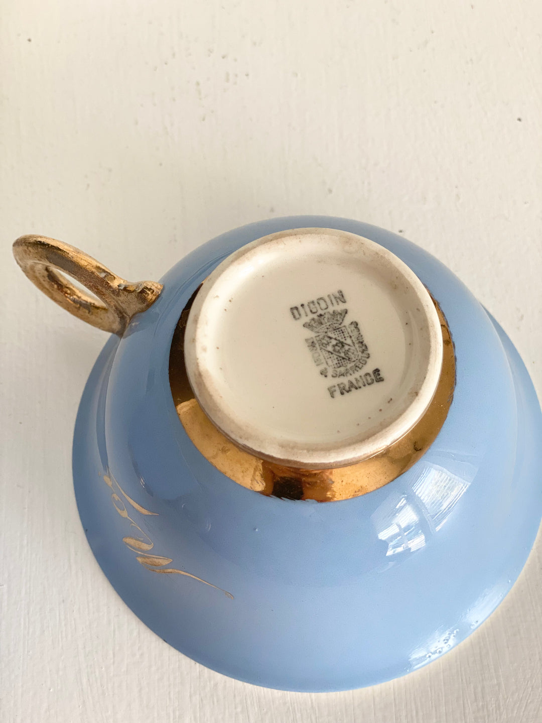 antique french "toi et moi" gold and cerulean teacups and saucers