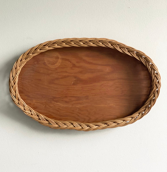 vintage wood and wicker tray