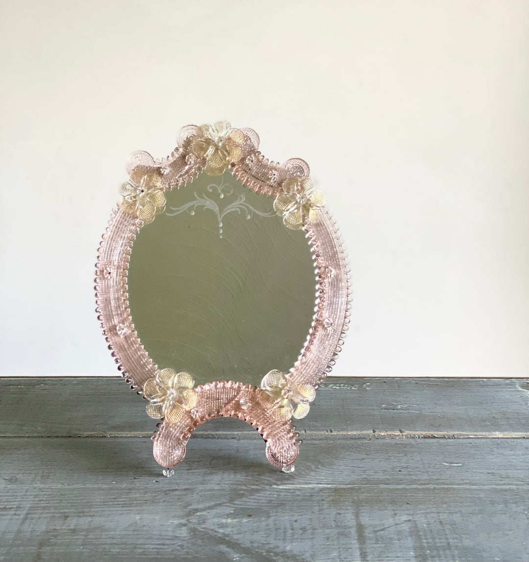vintage pink Murano powder room mirror