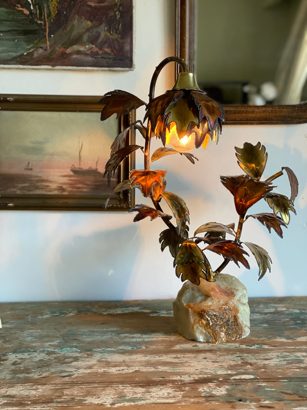 vintage metallic leaf lamp with salt base